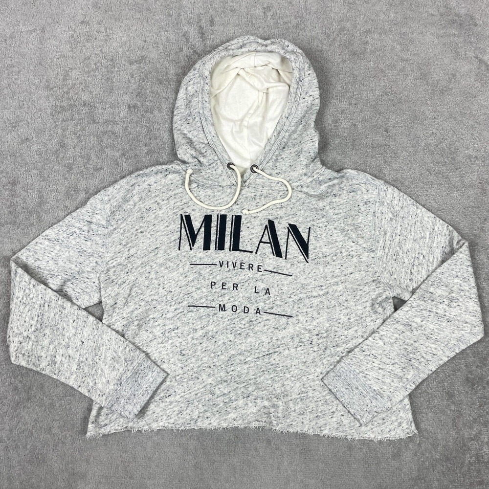Abercombie & Fitch Hoodie Womens Large Gray Cropped MILAN Logo Sweatshirt Frayed